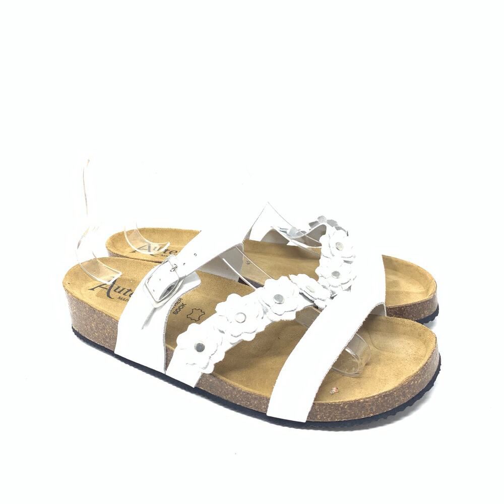 Autenti 41 White Leather Floral Accent Cork Footbed Sandal 12074 Size 9.5